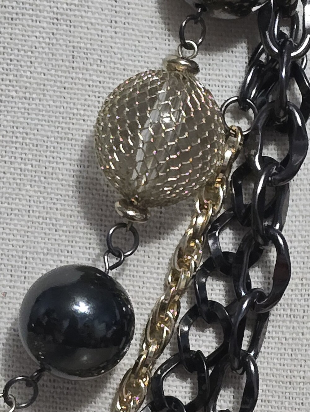 Gunmetal and Gold-Tone Layered Chain Necklace with Mesh Over Lucite Spheres - Picture 4 of 5